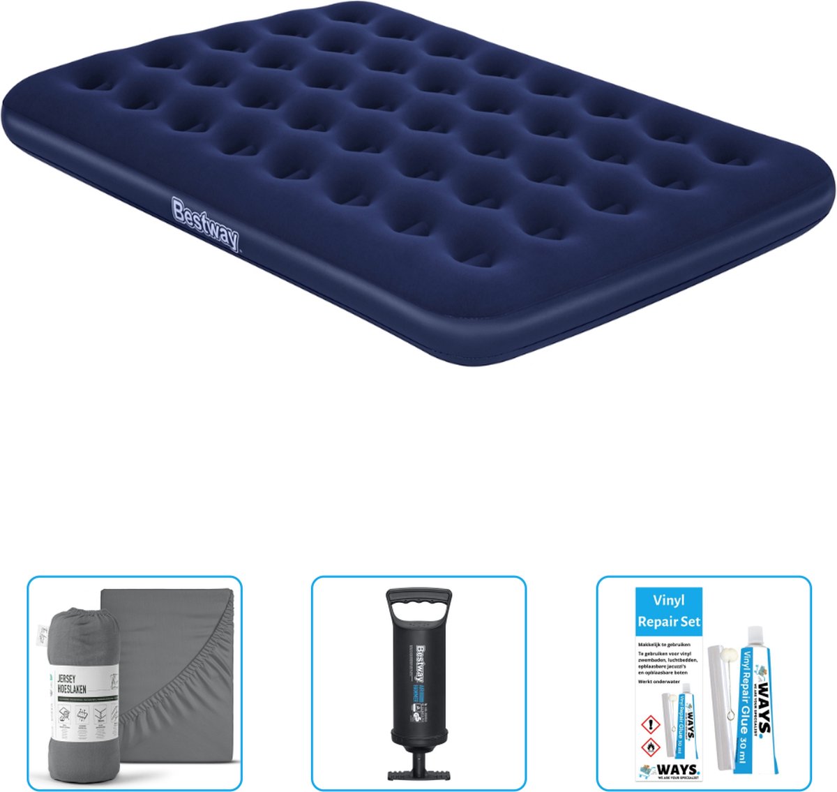 Bestway luchtbed - Twijfelaar - 137 x 191 x 22 cm - Blauw - Inclusief Hoeslaken - Pomp en Reparatieset
