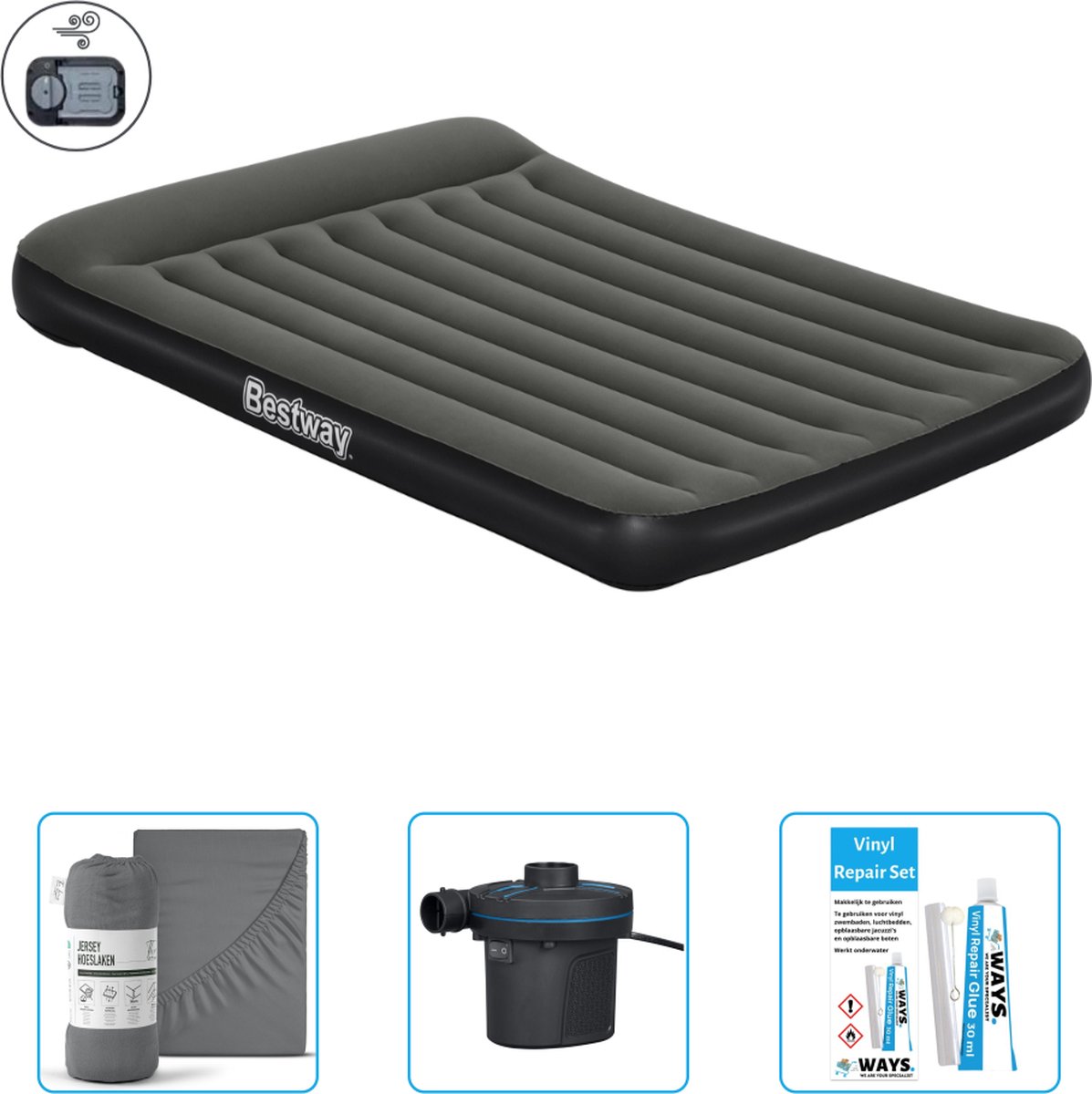 Bestway luchtbed - 2-Persoons - 152 x 203 x 30 cm - Groen - Inclusief pomp - Hoeslaken - Pomp en Reparatieset