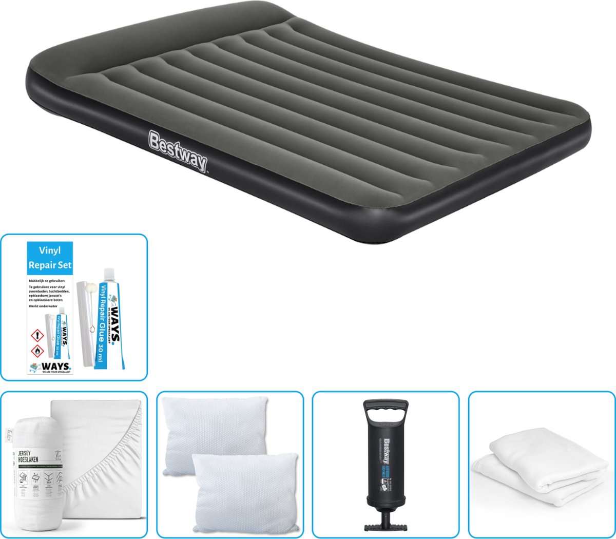 Bestway luchtbed - 2-Persoons - 152 x 203 x 30 cm - Groen - Inclusief Hoeslaken - Kussen - Kussenbeschermer - Pomp en Reparatieset