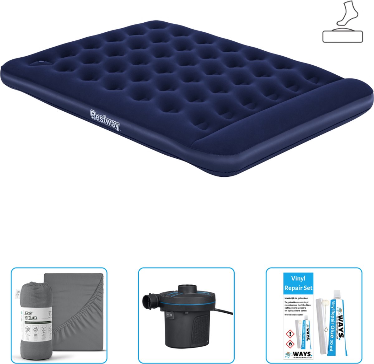 Bestway luchtbed - 2-Persoons - 152 x 203 x 28 cm - Blauw - Inclusief pomp - Hoeslaken - Pomp en Reparatieset