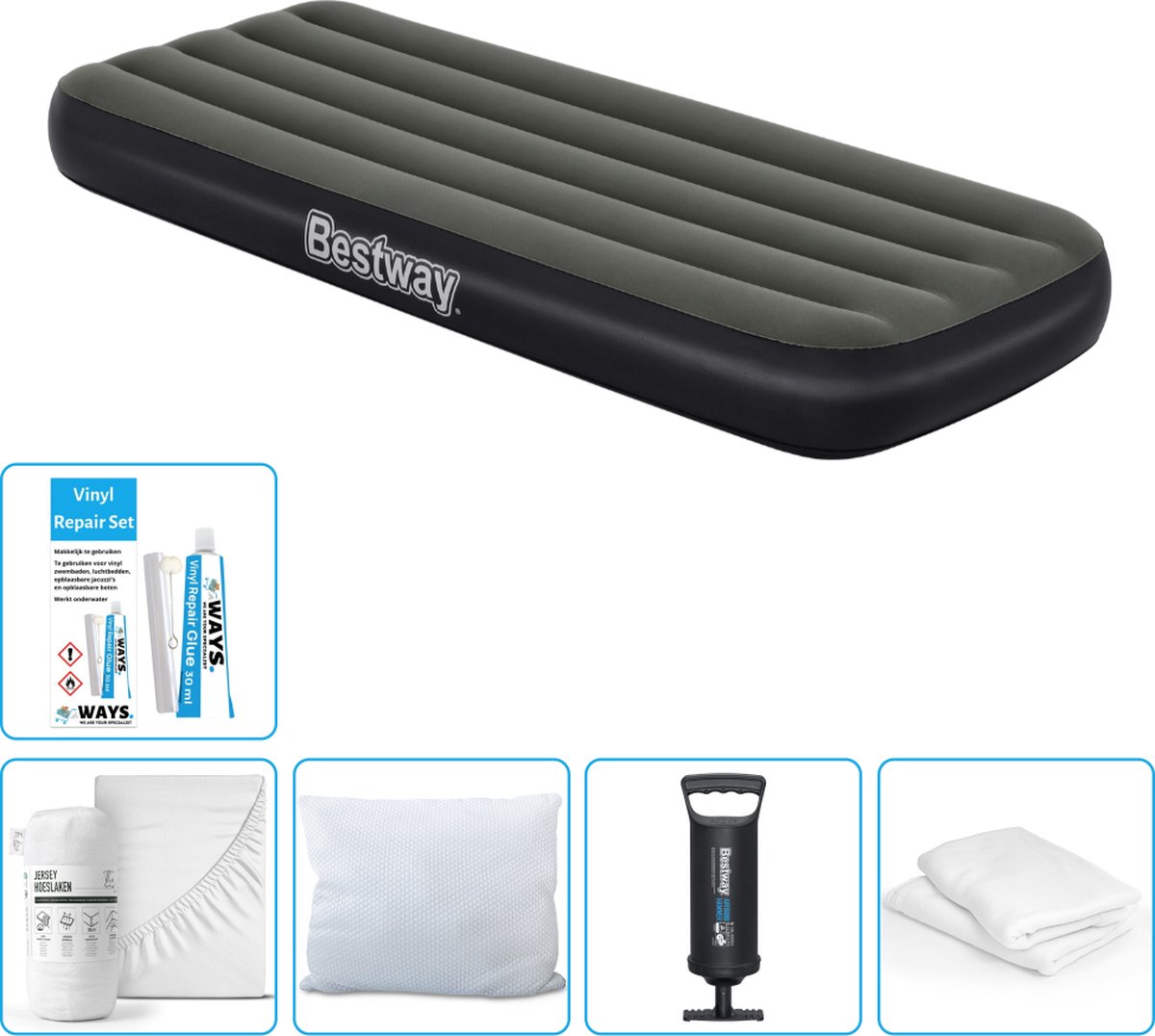 Bestway luchtbed - 1-Persoons - 76 x 185 x 25 cm - Groen - Inclusief Hoeslaken - Kussen - Kussenbeschermer - Pomp en Reparatieset