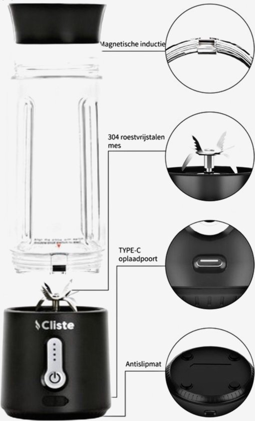 Cliste Draagbare Blender - Blender To Go - Portable Smoothie Blender - USB Oplaadbaar - 500 ml - Roze - Mini Smoothie Maker - USB Oplaadbaar - Fresh Juice Maker - Portable Blender - Roze - Recepten inbegrepen van Cliste — afbeelding 2