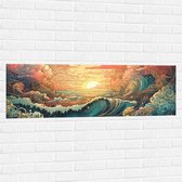 Muursticker - Schilderij - Oceaan - Zee - Golven - Zonsondergang - Wolken - Kleuren - 120x40 cm Foto op Muursticker