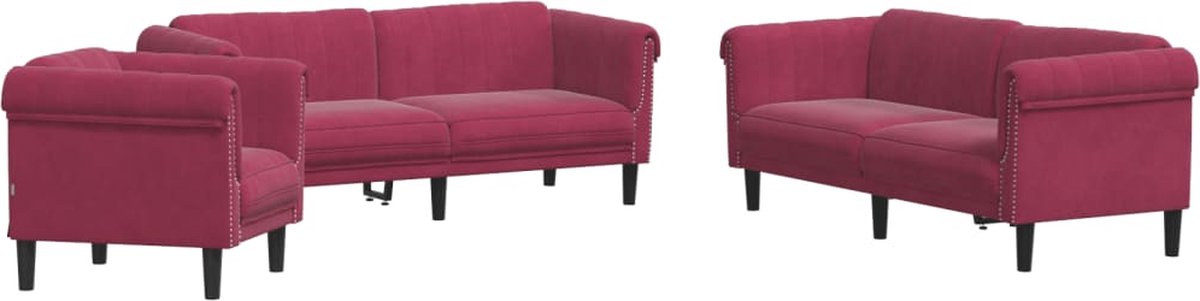 vidaXL - 3-delige - Loungeset - fluweel - wijnrood