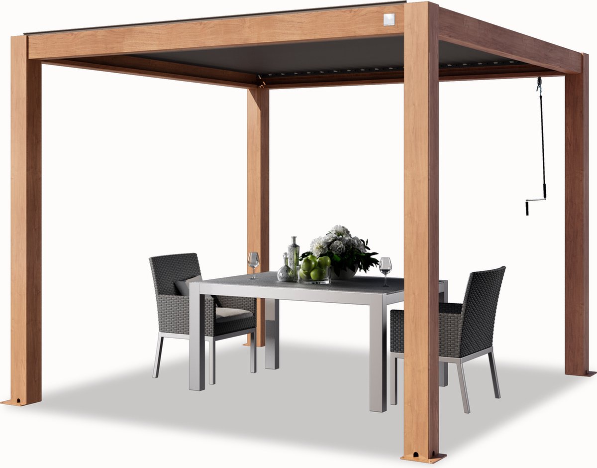 PRIMEYARD Pergola 3x3 m staanders van aluminium in houtoptiek met aluminium lamellendak paviljoen