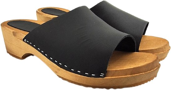 Houten sandalen met nubuck leren upper - Mat Zwart - maat 43