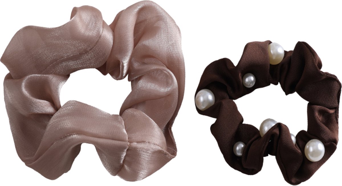 Dottilove 2 Stuks Zomerkleur parel Scrunchie Set Khaki Haarklem Sierklem Haar accessoire Sier accessoire