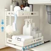 2-laags uittrekbare keukenorganizer voor onder de gootsteen - ladeplank kruidenrek - in hoogte verstelbaar (wit) Sink organizer