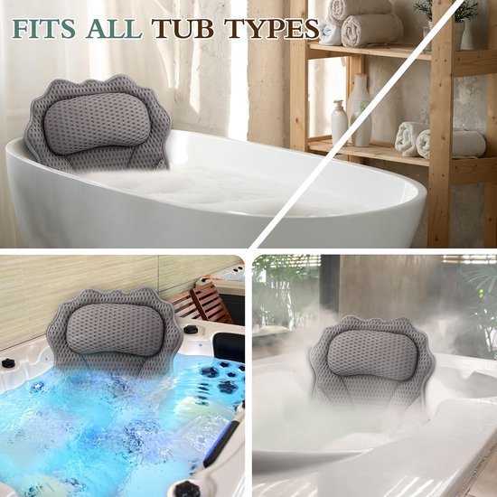 Amzeeniu Nieuw Badkussen 4D Badkussen met 6 Antislip Zuignappen Badkuipkussen Air Mesh, Spa-kussen, Nekkussen, Alle Soorten Badkuip, Hoofdondersteuning, Schouders