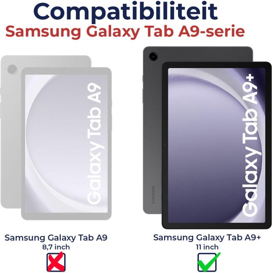 Samsung Galaxy Tab A9 et A9+ de différentes tailles, A9 non compatible.