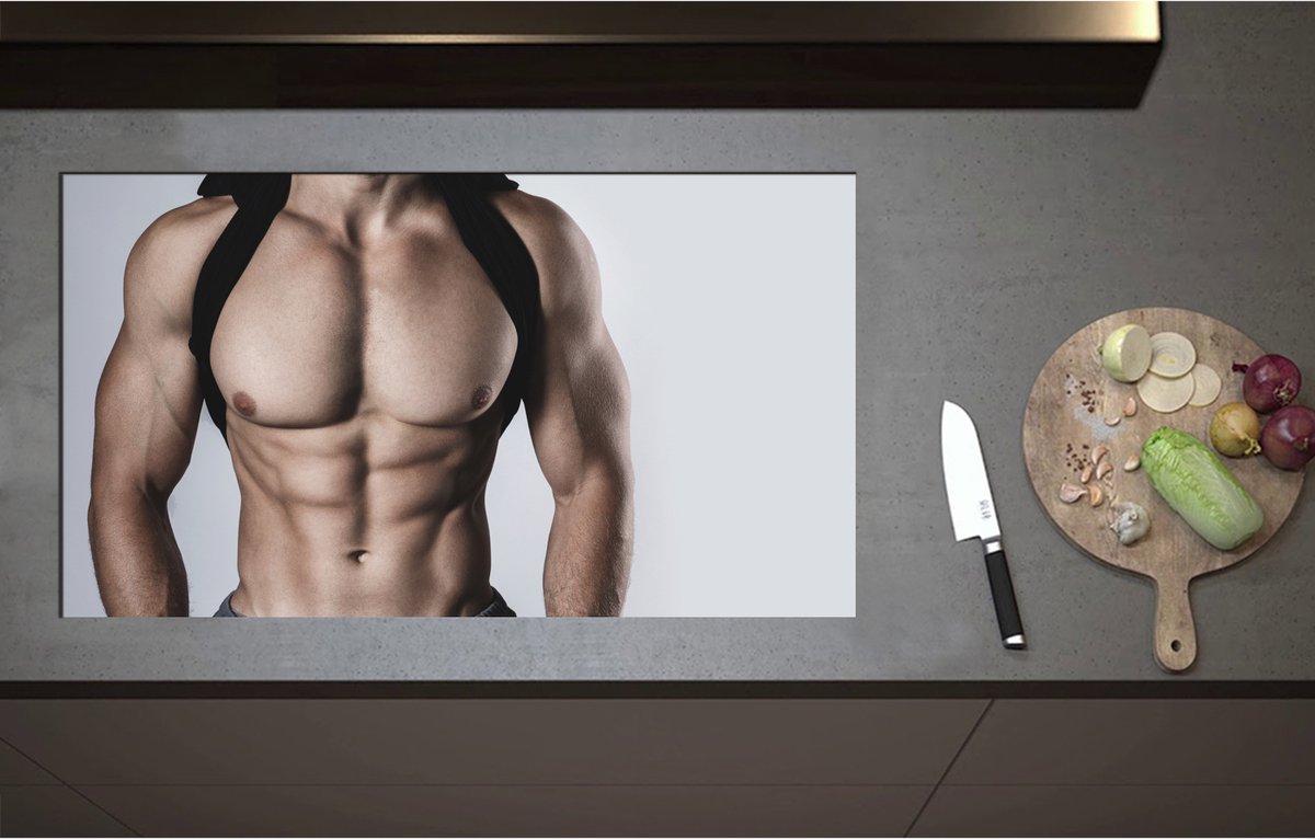 Inductieplaat Beschermer - Bodybuilder Lichaam van Man tegen Witte Achtergrond - 90x51 cm - 2 mm Dik - Inductie Beschermer - Bescherming Inductiekookplaat - Kookplaat Beschermer van Zwart Vinyl
