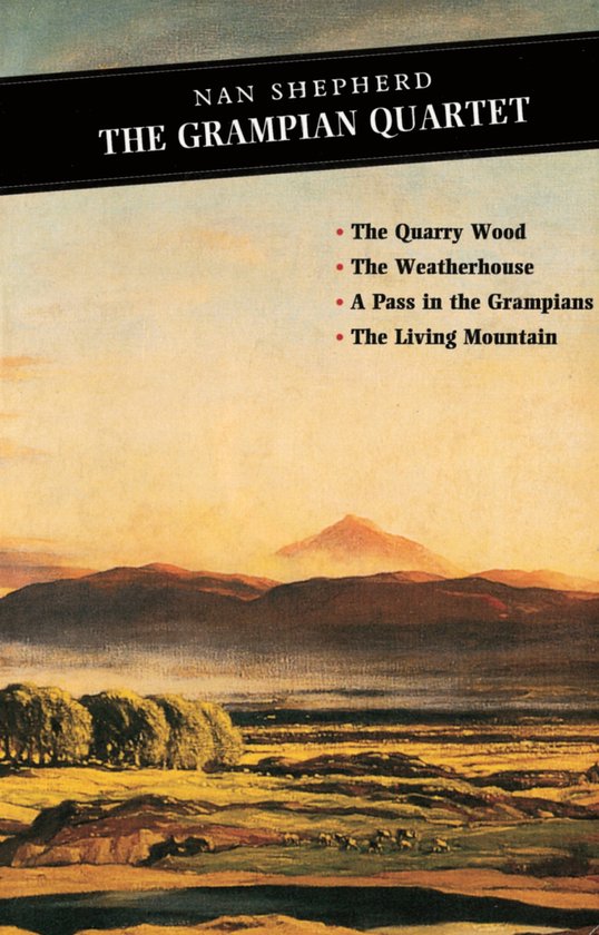Couverture du livre 'The Grampian Quartet' avec une peinture de montagnes au coucher du soleil.