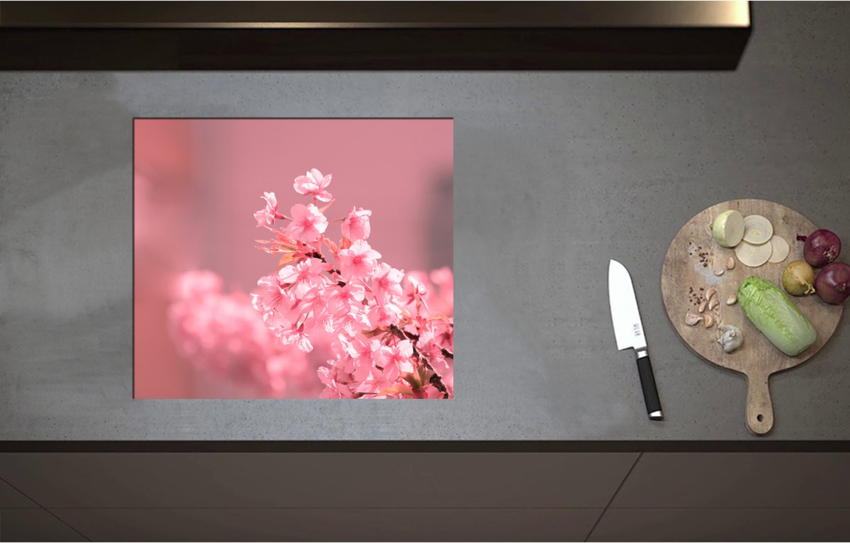 Inductieplaat Beschermer - Bloeiende Kersenbloesem aan Tak - 57x50 cm - 2 mm Dik - Inductie Beschermer - Bescherming Inductiekookplaat - Kookplaat Beschermer van Zwart Vinyl