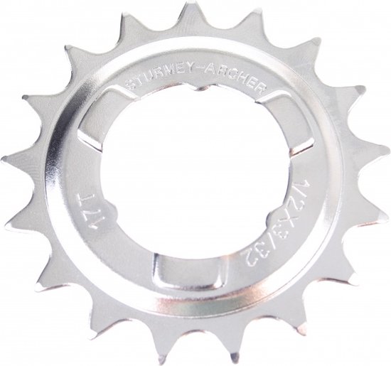 Zilverkleurig Sturmey Archer kettingwiel met 17 tandjes, 1/2 X 3/32 inch.