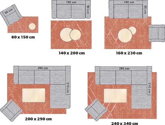 Schema's van vloerkleden in verschillende afmetingen bij meubels.
