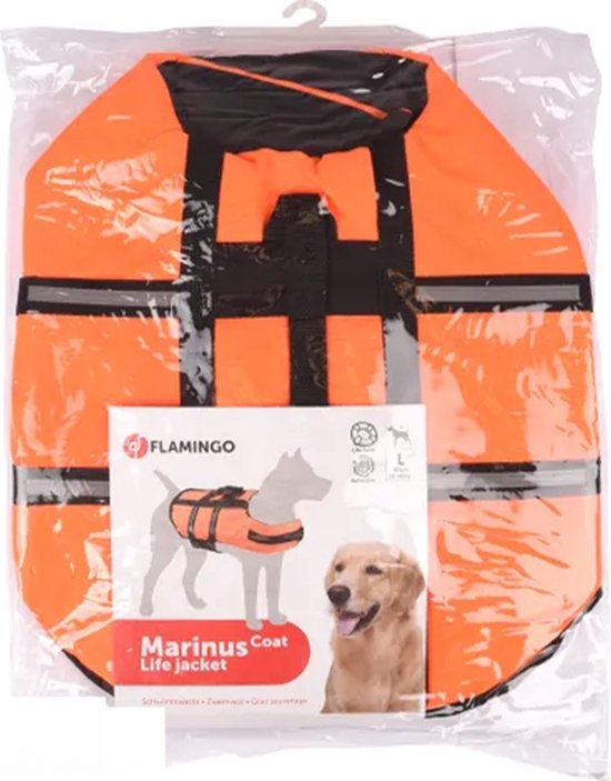 Oranje reddingsvest voor honden, model Marinus Coat van Flamingo, maat L, met reflecterende strepen en draaggreep.