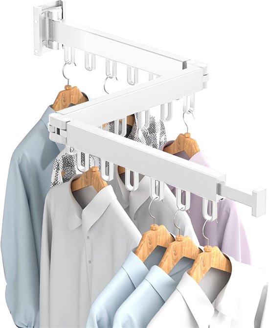 HONPHIER Droogrek Wasserij Opvouwbare Wandmontage Droogrek met Haken Sterke Kleding Luchter Indoor Outdoor Ruimtebesparende Droogrekken voor Balkon, Badkamer, Slaapkamer (Wit, 3-voudig