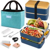 lunchbox, broodtrommel met vakken, 2 niveaus met 2 stuks, milieuvriendelijke PP & roestvrijstalen containers, met vork-lepelverdelers, draagtas, voor kinderen en volwassenen