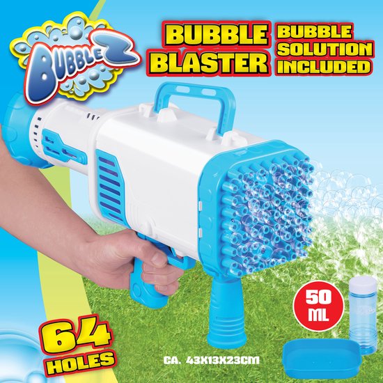 Foto: Bubblez bellenblaas pistool bellenblaasmachine voor kinderen bellenblazer met 64 gaten bubble gun aa batterijen incl 50 ml bellenblaas 42 3 x 13 x 27 4 cm kunststof