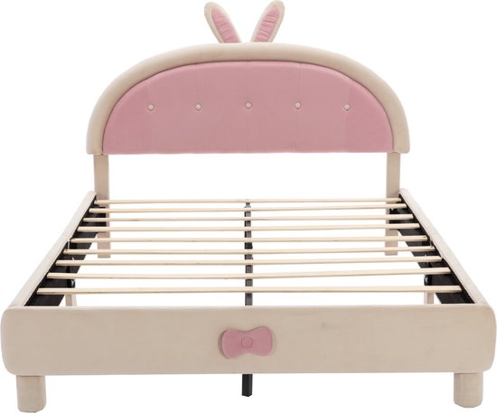 Merax Gestoffeerd Tweepersoonsbed 140x200 cm - Moderne Bed met Konijnen Oren - Beige met Roze