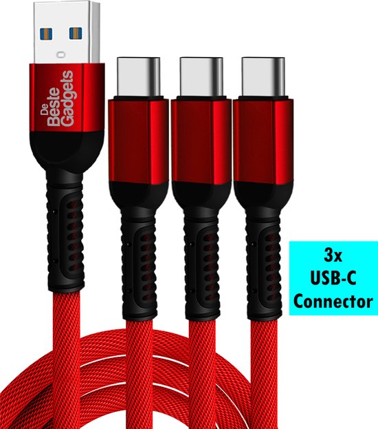 De Beste Gadgets Oplaadkabel met 3 USB-C Connectors Kleur Rood - Geschikt voor iPhone, iPad en Android apparaten