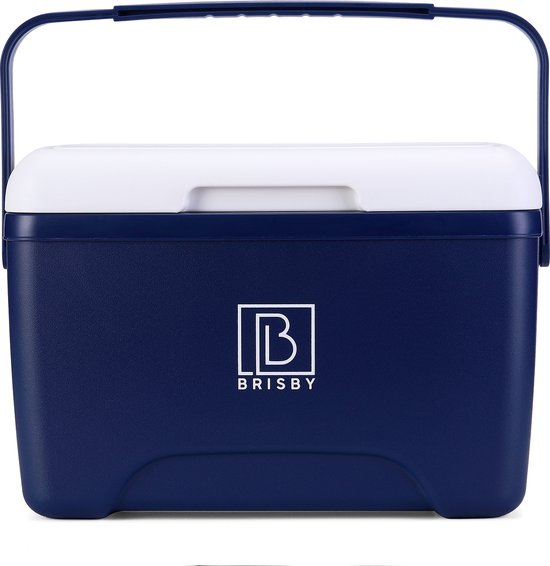 Blauwe koelbox met wit deksel, hoogklapbaar handvat en Brisby logo.
