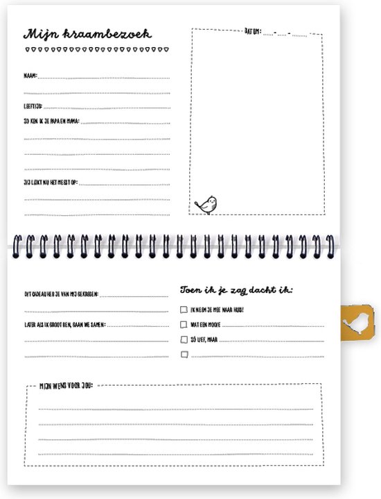Pagina uit een kraambezoek invulboek met tekst 'Mijn kraambezoek', velden voor naam, leeftijd en een checklist.
