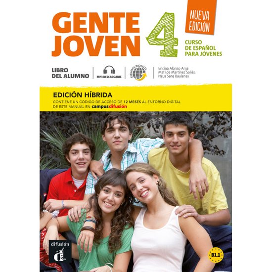 Gente Joven 4, cours d'espagnol pour jeunes, édition hybride, manuel de l'élève. Cinq adolescents souriants sur la couverture.