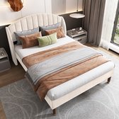 Sweiko Gestoffeerd bed 140*200 met lattenbod en hoofdeinde, jeugdbed, voor volwassenen Gemakkelijke montage, fluweel, beige