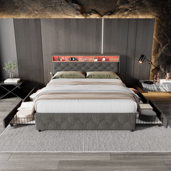 Sweiko Gestoffeerd bed, 160*200cm, met lattenbod en hoofdeinde, LED bed, nachtkastUSB interface, zakontwerp aan beide zijden van nachtkastje, met 4-laden, zonder matras, linnen, grijs