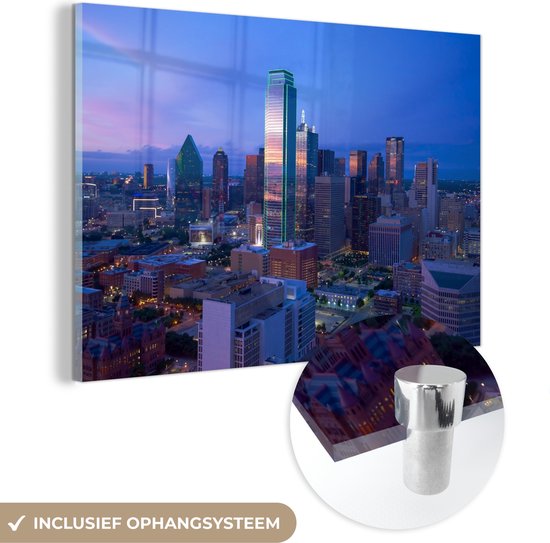 MuchoWow® Glasschilderij 120x80 cm - Schilderij acrylglas - Skyline Dallas - Foto op glas - Schilderijen