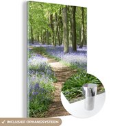 MuchoWow® Glasschilderij 80x120 cm - Schilderij acrylglas - Bos - Pad - Bloemen - Paars - Groen - Natuur - Foto op glas - Schilderijen