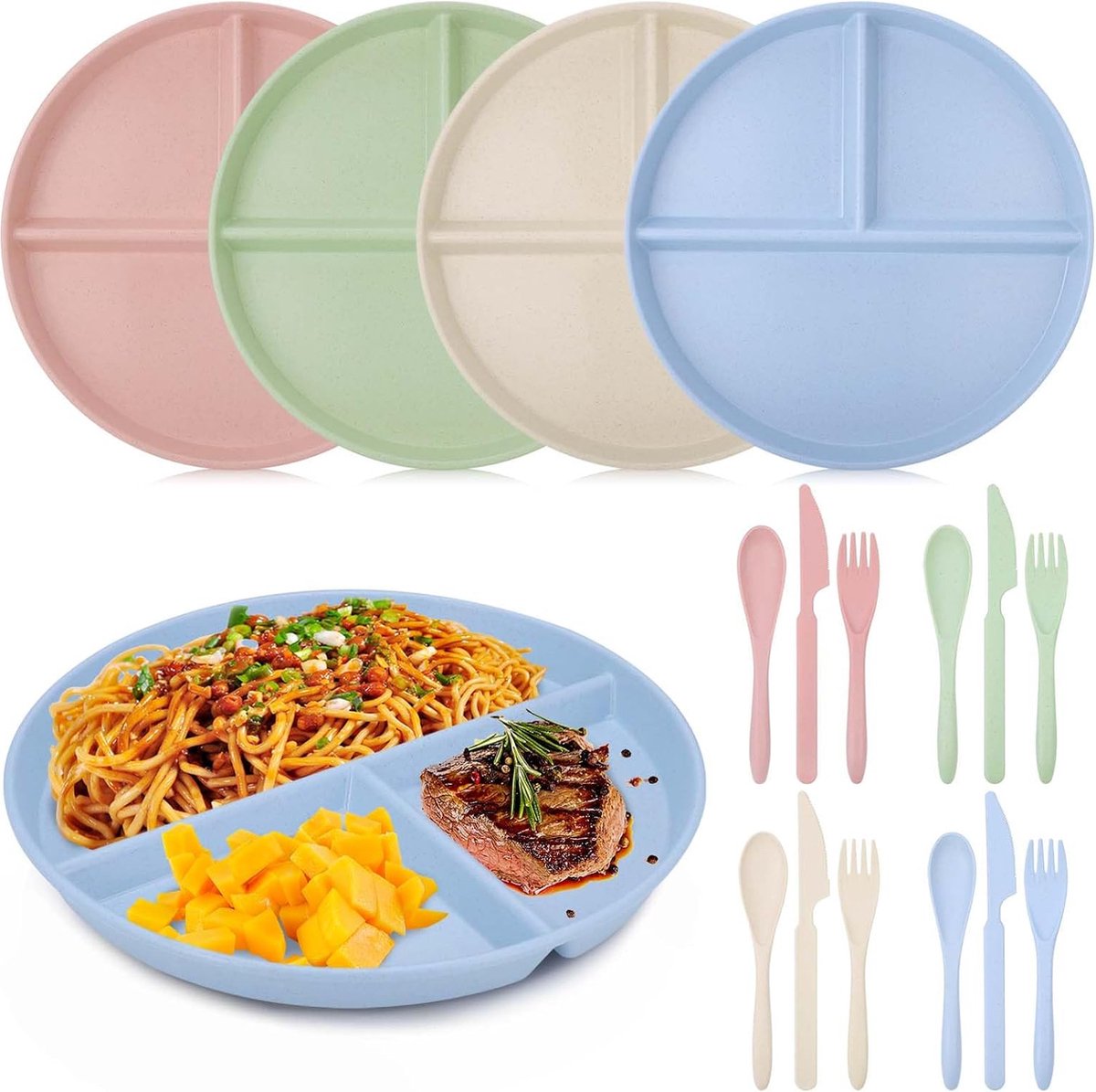 Set van 4 gedeelde platte borden met onderverdeling herbruikbare ontbijtborden serviesset van PP voor familie picknick grillen (diameter: 23 cm)