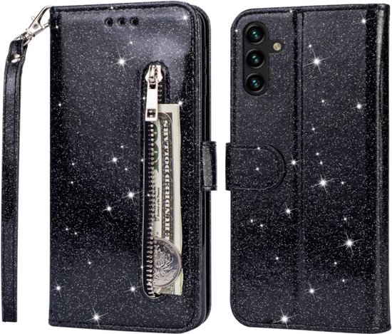 Étui Bookcase à Glitter Convient pour : Samsung Galaxy A54 avec fermeture éclair - étui - étui portefeuille - Zwart - ZT Accessoires