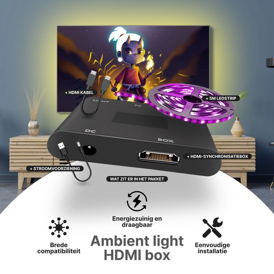 Ambilight box HDMI pour TV/ PC/Moniteur/PlayStation/ Xbox - Lumière d'ambiance externe - Lumière d'ambiance photochromique de fond - Bandes LED Rétroéclairage TV