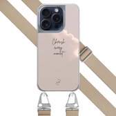 Hoesje met beige koord - Geschikt voor iPhone 15 Pro - Cherish every moment - Verstelbaar & verwisselbaar koord - TPU backcover - Beige - Leuke Telefoonhoesjes