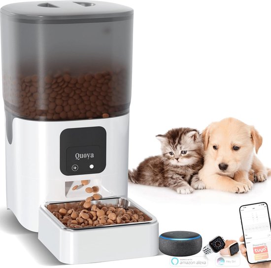 PawHut Huisdiervoederdispenser intelligente voederbak automatische voederbak voor honden en katten, 6 vakken, muziekfunctie, timer, wit/grijs