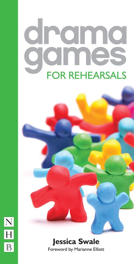 Livre 'Drama Games For Rehearsals' avec des figurines colorées en rouge, bleu, jaune, vert et violet.