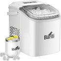 Witte Bardi ijsblokjesmachine met een volle bak ijsblokjes en een beker met ijs, citroen en munt. Met Bardi logo.