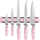 Magneetlijstmes (33 cm) met 5-delige scherpe messenset, keukenmessenset, roestvrij staal, professionele roestvrijstalen messenset voor koks (roze)