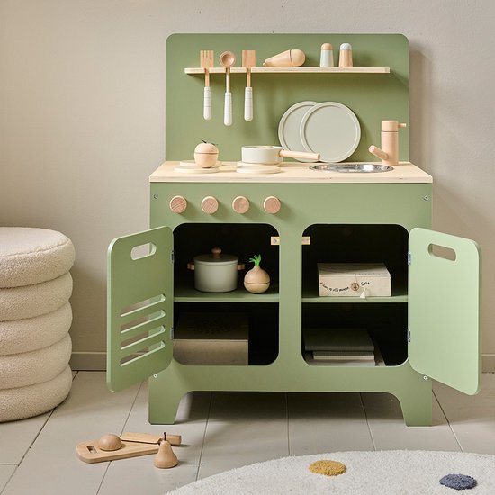 Speelkeuken Hout Olijfgroen - Kinderkeuken inc. 13 Speelgoed keuken accessoires - Frisse, rustgevende en speelse vol magie - Elke Dag een Culinaire Droom