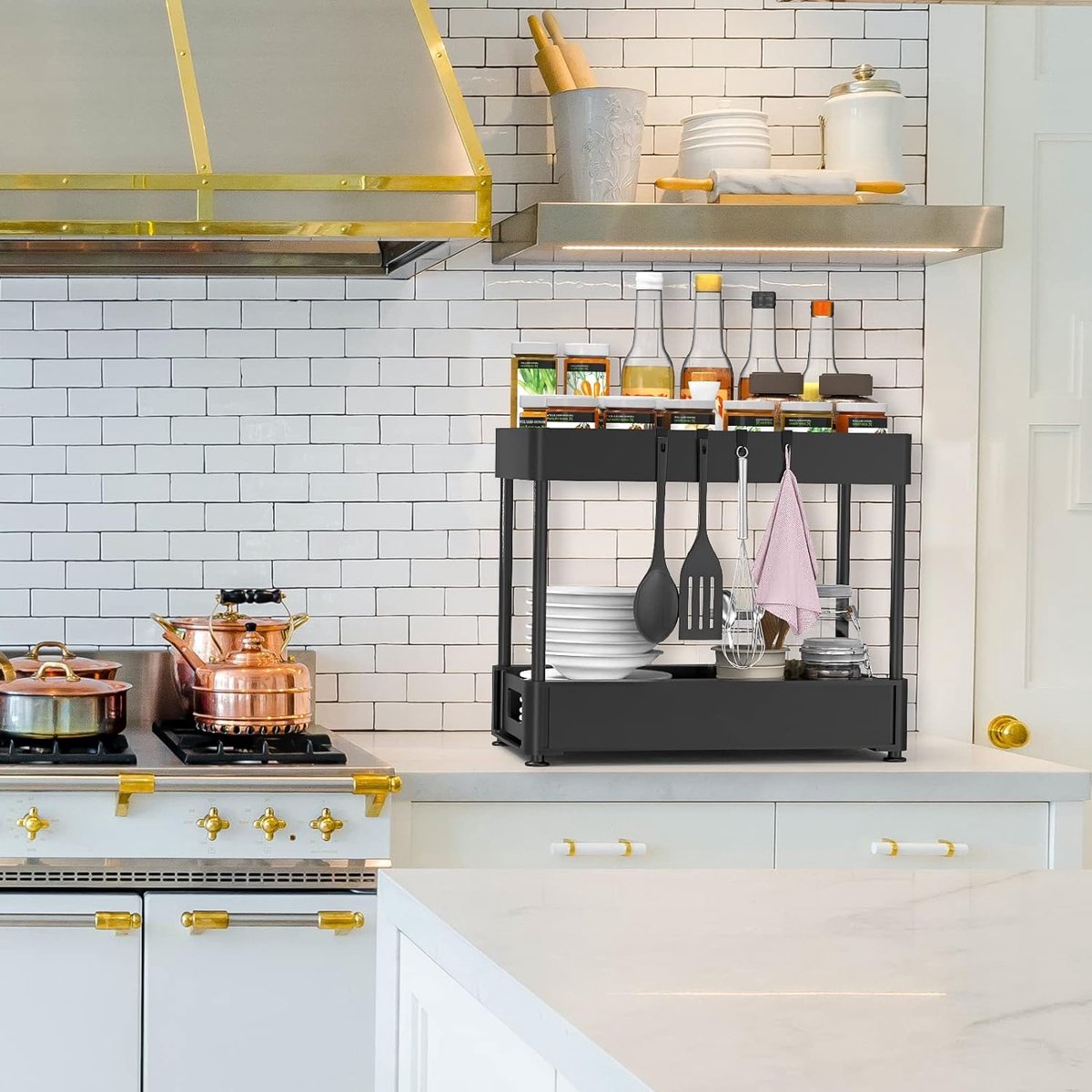 Rek met 2 etages voor onder wastafel, spoelkastorganizer met schuiflade, spoelkastrek, onderkastorganizer met 4 haken en 2 kopjes, organizer voor onder de gootsteen, voor badkamer, keuken, verhoging