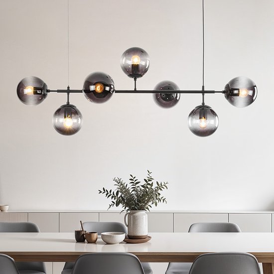 Design hanglamp 7-lichts smoke glas en transparant midden
