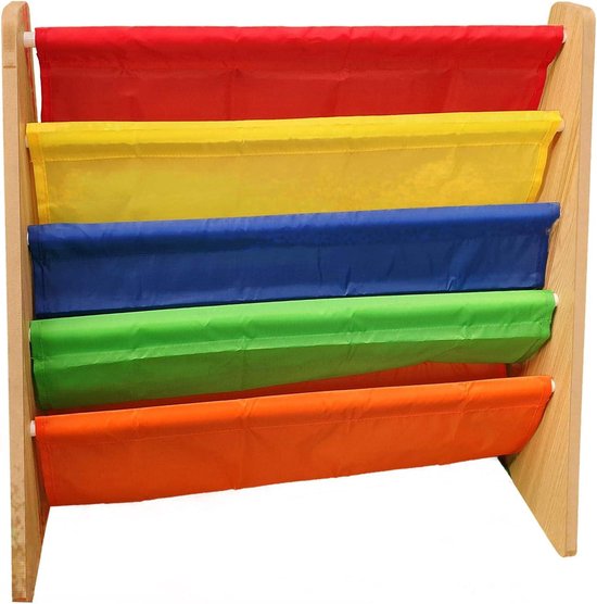 4 Tier Multicolour Kids Book Storage Organizer with Colorful Fabric Sling Shelves and Easy Book Access - Rainbow Color Children's Bookshelf rotating bookshelf