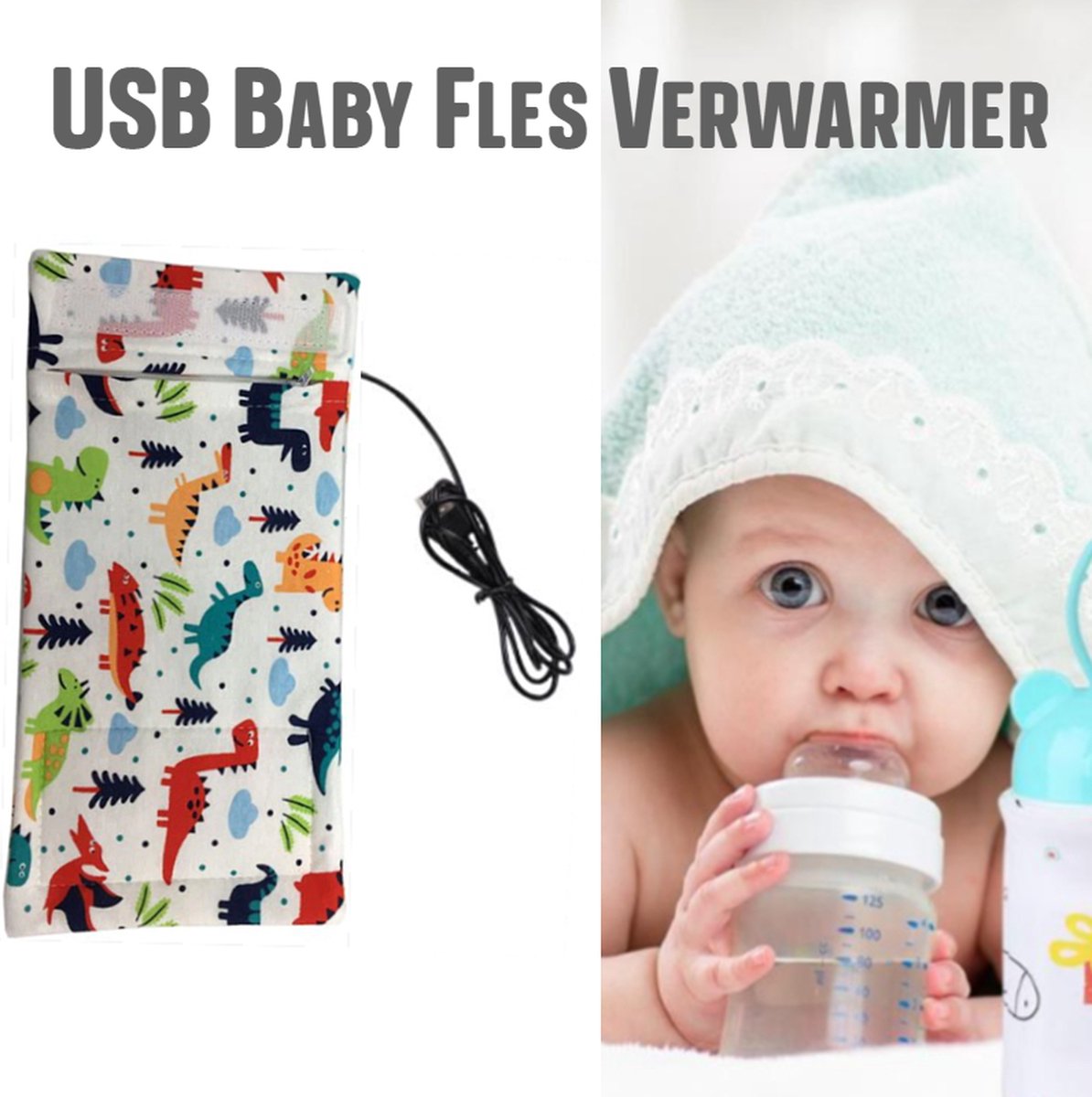 Goedkoopste Allernieuwste USB Baby Fles Warmer model Dinosaurus - Heater - Reisaccessoire - Draagbaar - Klittenband - Kleur