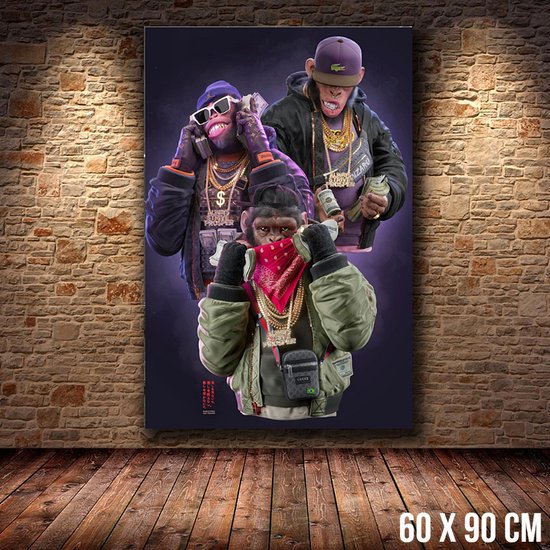 Allernieuwste.nl® Canvas Schilderij 3 HipHop Apen GangsterArt Hip Hop - Modern Grafitti - kleur - 60 x 90 cm