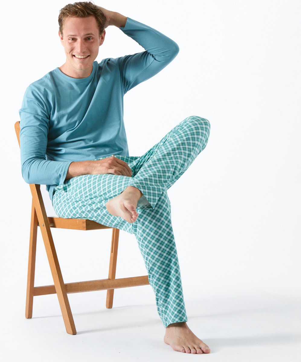 Little Label Pyjama Heren Maat M/48 - blauw, groen - Geruit - Herenpyjama - Zachte BIO Katoen