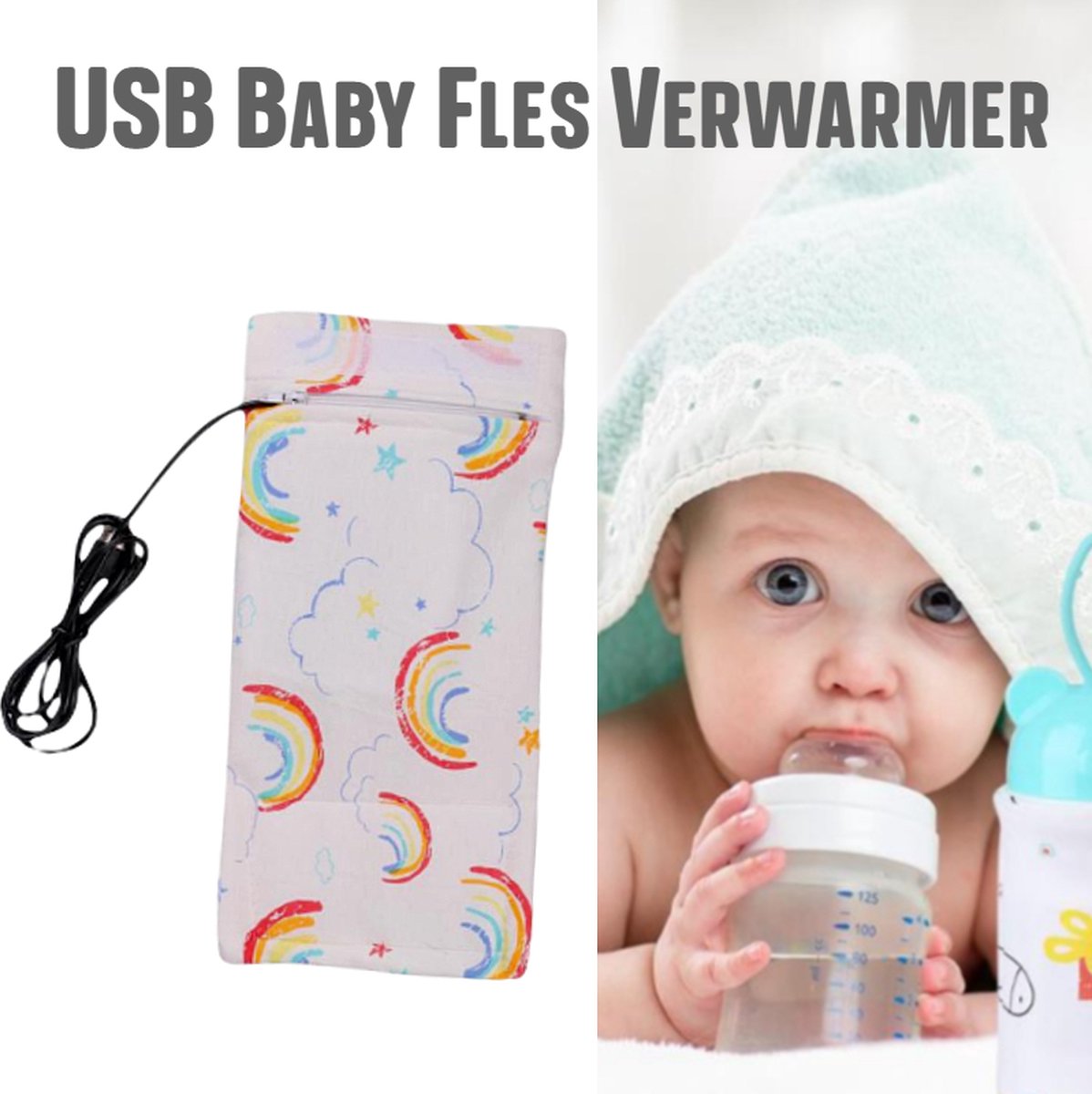 Goedkoopste Allernieuwste USB Baby Fles Warmer model Zon en Wolken - Heater - Reisaccessoire - Draagbaar - Klittenband - Kleur