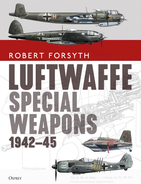 Boekcover met illustraties van drie Duitse gevechtsvliegtuigen uit WOII: een He 111, een Ju 88 en een Hs 129.