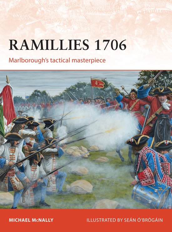 Cover van het boek 'Ramillies 1706' met een illustratie van een veldslag uit de 18e eeuw met soldaten in rode en blauwe uniformen die schieten.